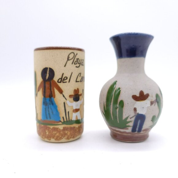 Mexican Tonala Pottery Vases 2 Hand-Painted Playa del Carmen Signed Vintage - Picture 4 of 14